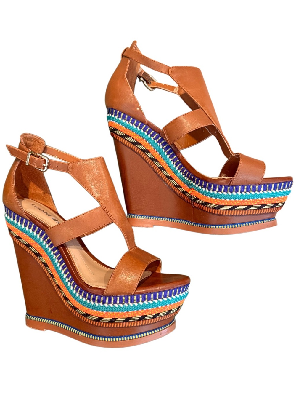 Gianni Bini Brown Wedge Sandals with Multicolor Woven Trim and real Leather RARE